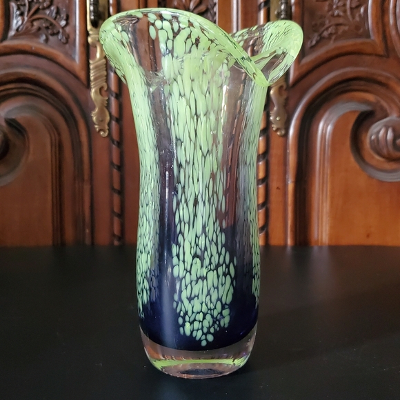 Vntg Murano Style Art Glass 7 1/2" Lime Green Clear Indigo Purple Vase - Picture 12 of 13